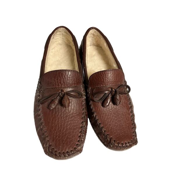 H.S. Trask Leather Moccasins Sz 8 Mens Fur (Sheep?) Lined, Tassels, Slip On, VTG - Picture 1 of 8